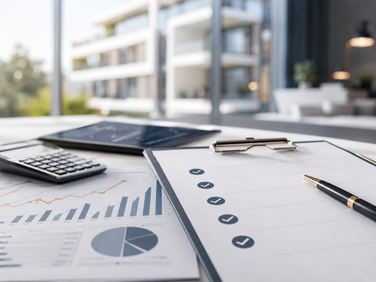 Checkliste mit Häkchen, Finanzdiagrammen, Taschenrechner und Stift auf einem Schreibtisch vor moderner Immobilienkulisse.