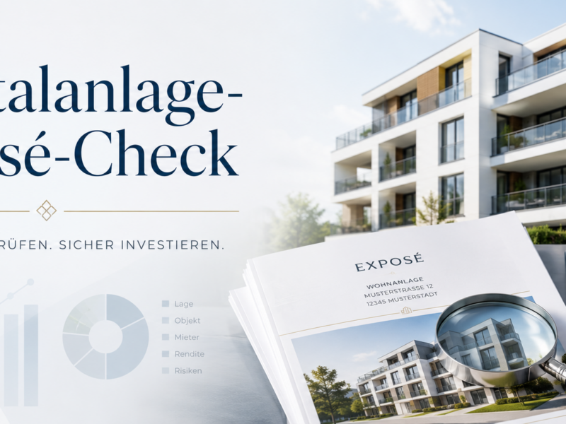Headerbild zum Kapitalanlage-Exposé-Check mit moderner Wohnanlage, Exposé-Unterlagen, Lupe, Checkliste und dezenten Finanzdiagrammen zur systematischen Immobilienbewertung.