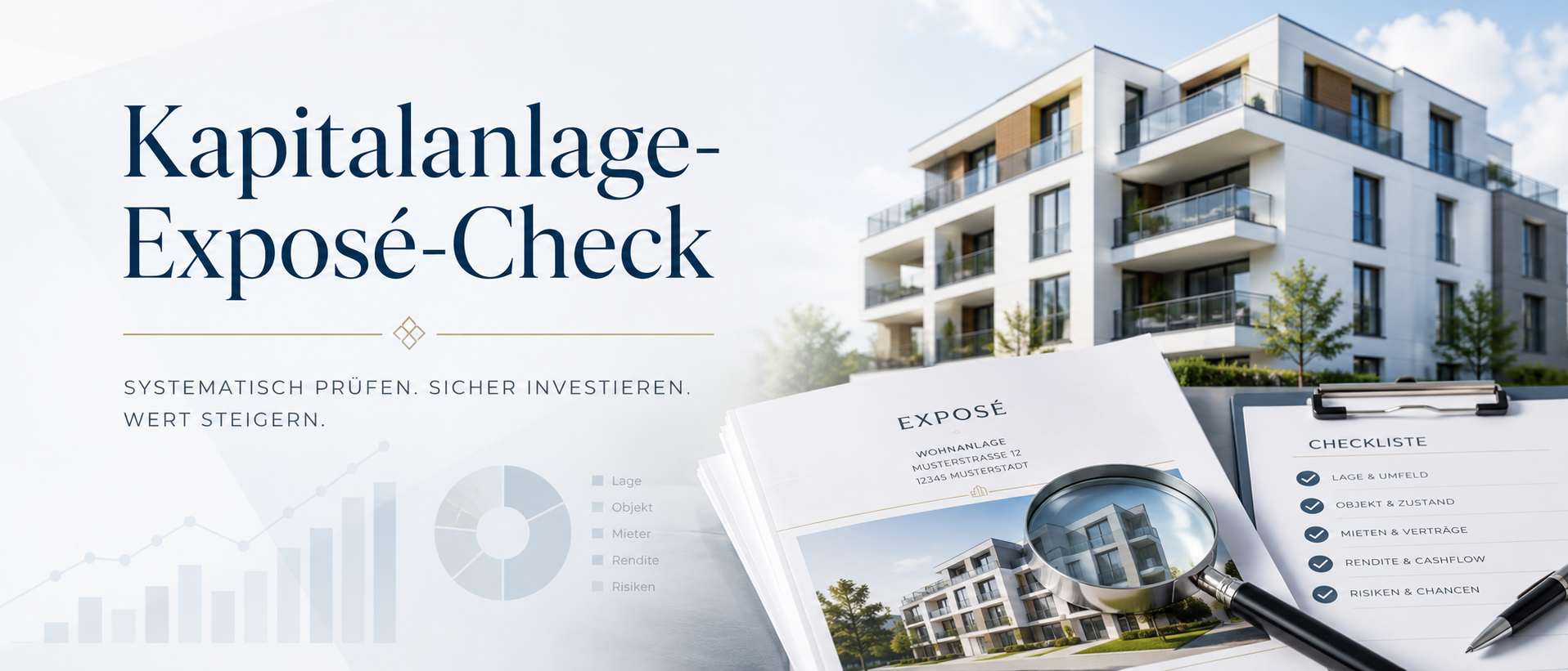Headerbild zum Kapitalanlage-Exposé-Check mit moderner Wohnanlage, Exposé-Unterlagen, Lupe, Checkliste und dezenten Finanzdiagrammen zur systematischen Immobilienbewertung.