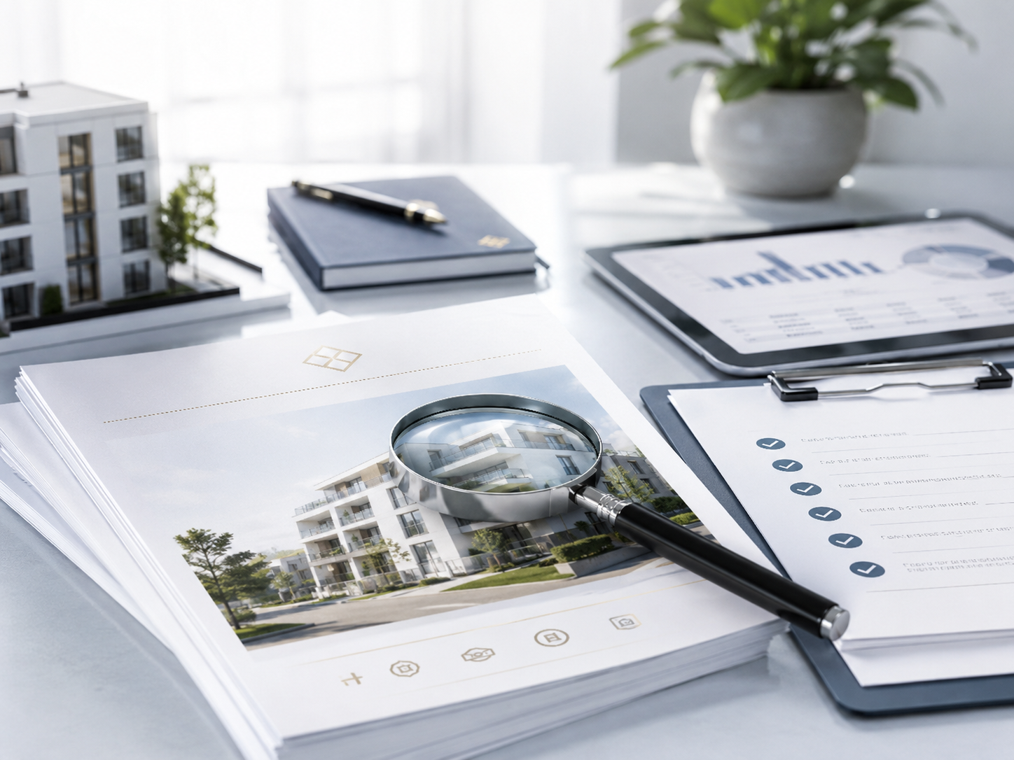 Exposé-Unterlagen mit Immobilienfoto, Lupe, Checkliste und Analyse-Dokumenten als Symbol für die professionelle Prüfung einer Kapitalanlage-Immobilie.