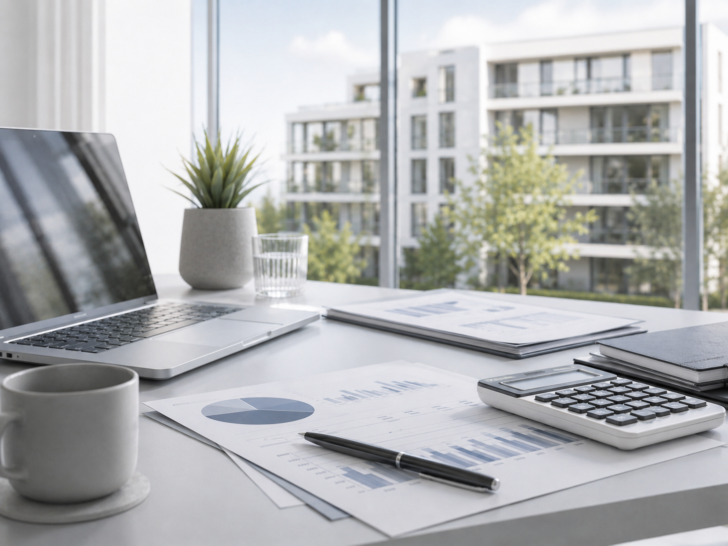 Moderner Büroarbeitsplatz mit Finanzdiagrammen, Taschenrechner, Laptop und Blick auf eine Wohnanlage zur Analyse einer Kapitalanlage-Immobilie.