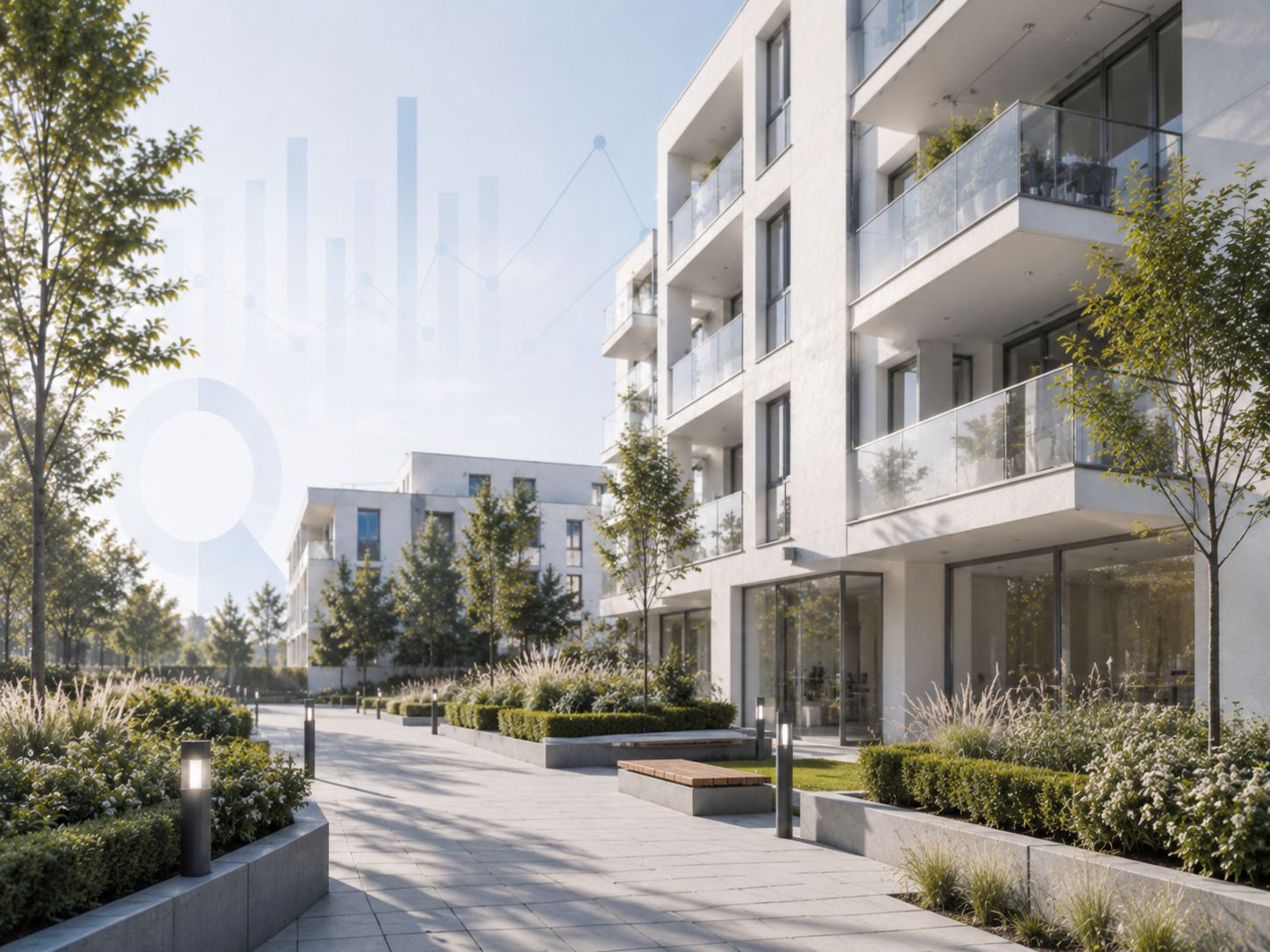 Moderne Wohnanlage mit Glasbalkonen, begrüntem Innenhof und dezenten Analyse-Grafiken als Symbol für die Bewertung einer Immobilien-Kapitalanlage.